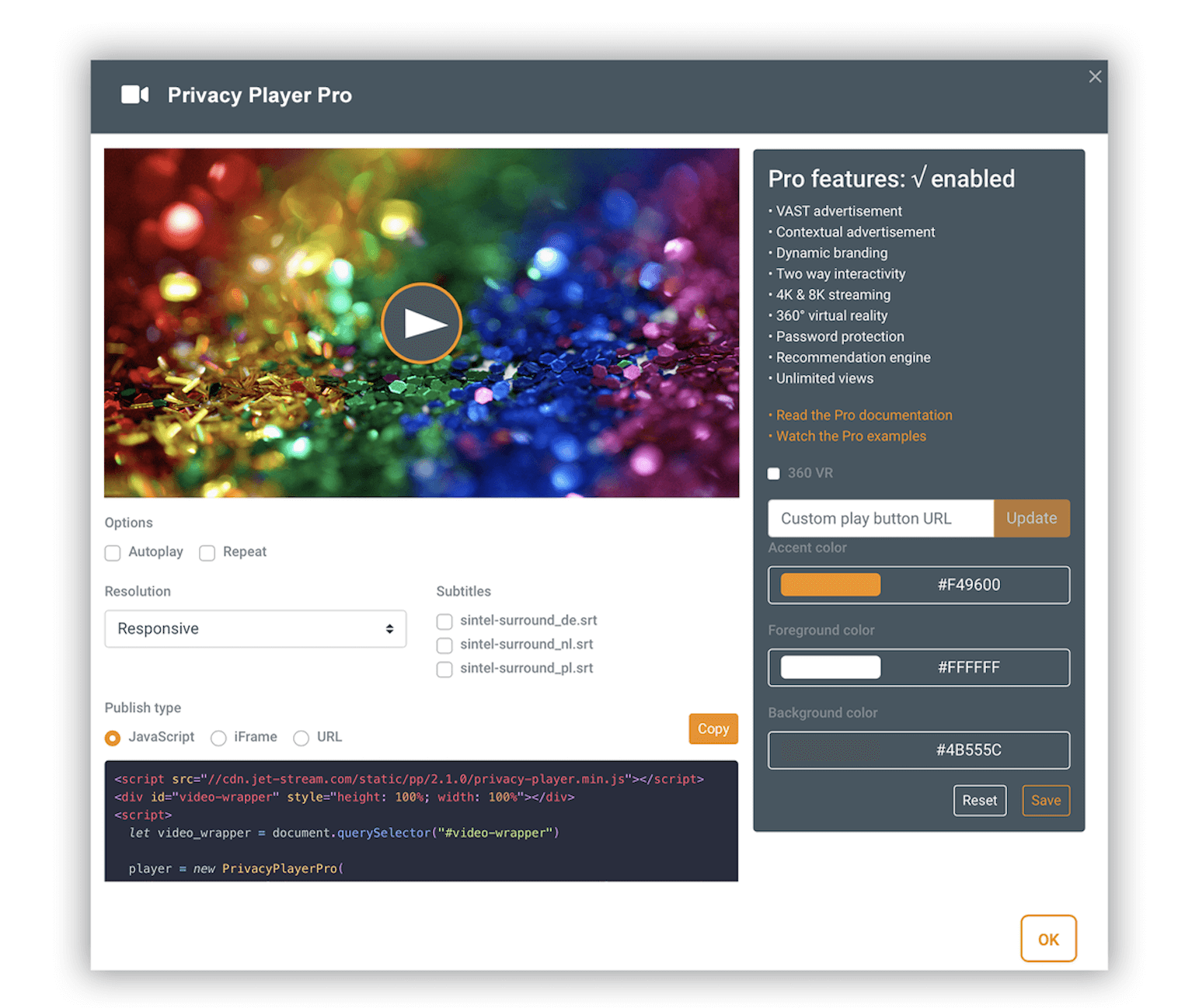 Screenshot of Privacy Player Pro configuration: no cookies or trackers, deep context for advertisers