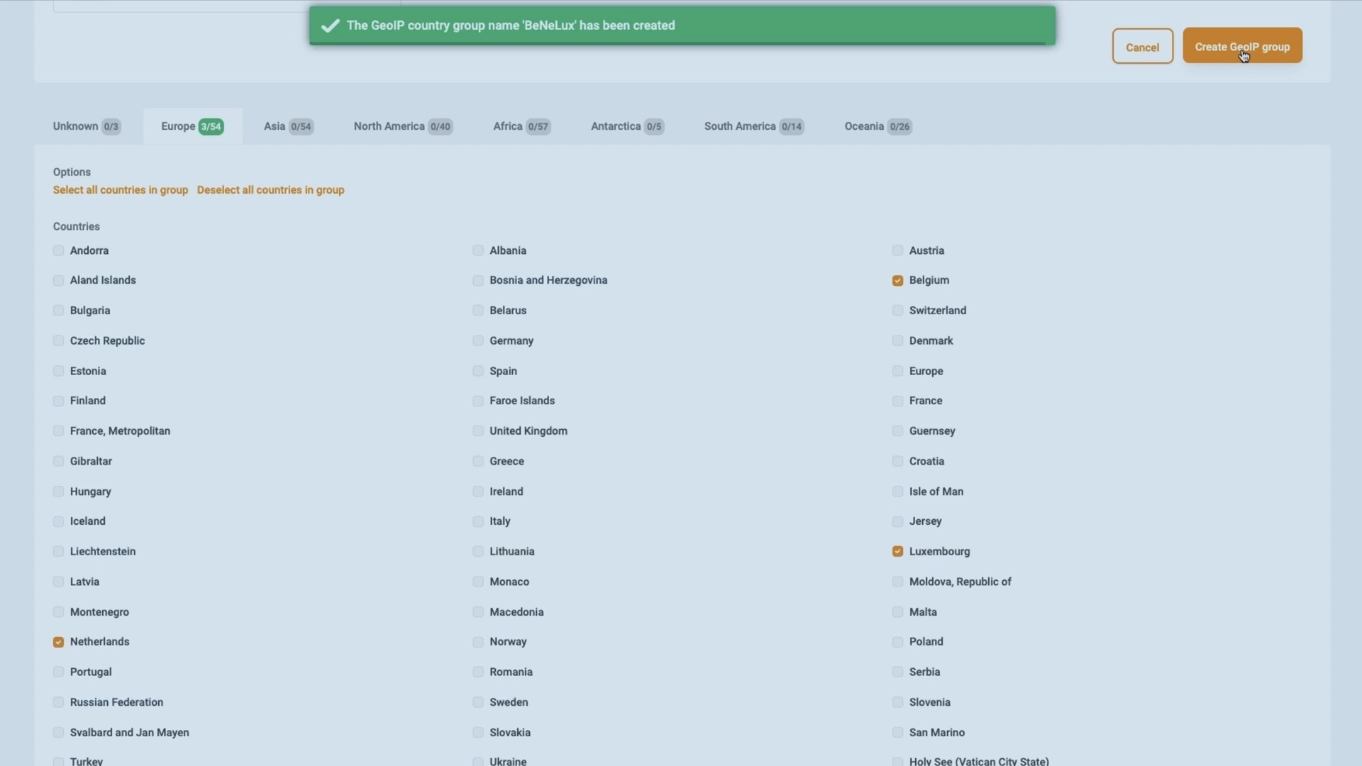 Schermafbeelding van de landenselectie voor geofencing van een stream in Jet-Stream Cloud