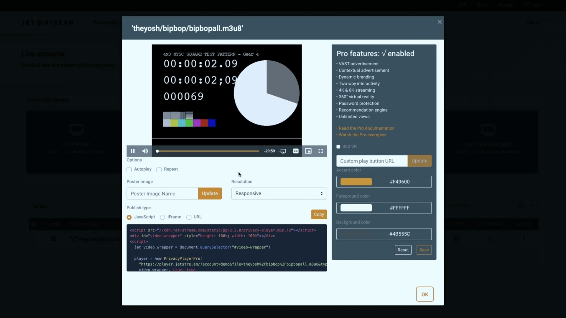 Schermafbeelding van het instellen van een HTTP-pull-livestream in Jet-Stream Cloud