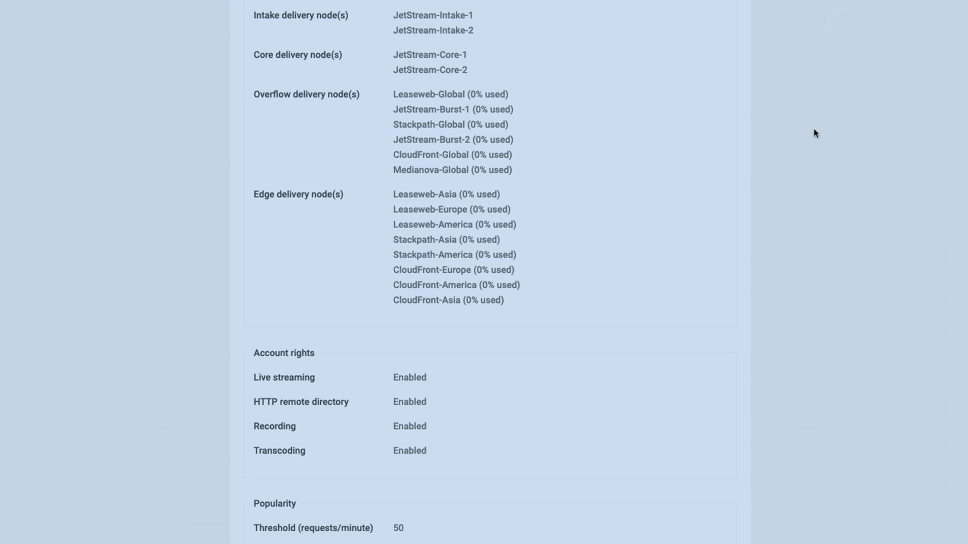 Schermafbeelding van de accountinstellingen en leveringsopties van Jet-Stream Cloud