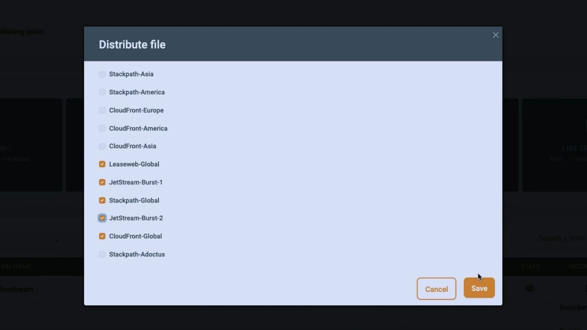 Schermafbeelding van het distribueren van een bestand via meerdere CDN's in Jet-Stream Cloud