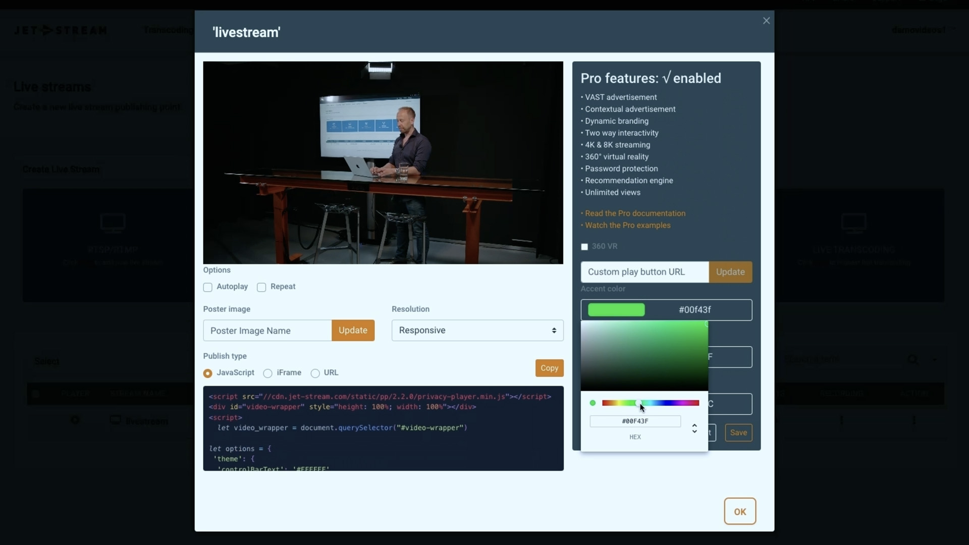 Schermafbeelding van de Privacy Player-configurator met branding en embedcode