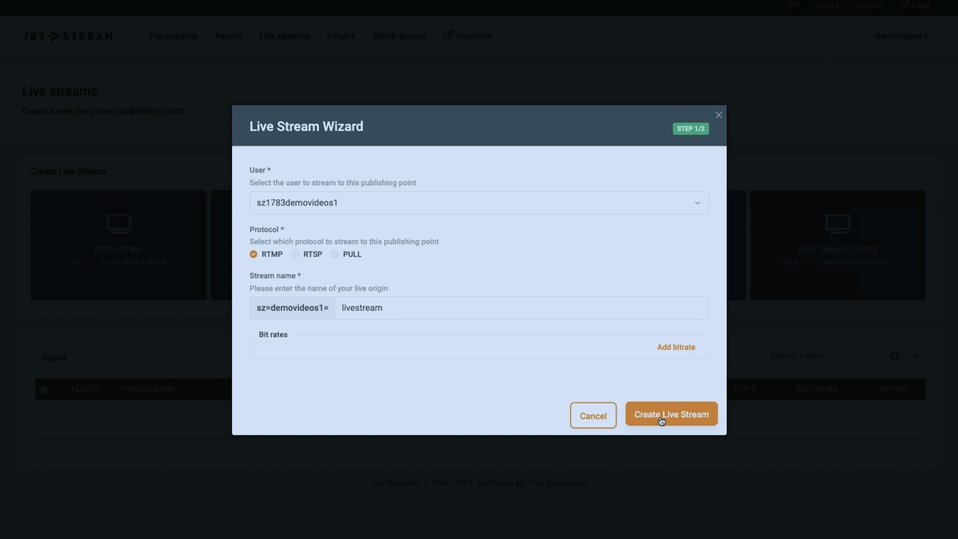Live Stream Wizard van Jet-Stream Cloud voor het instellen van een RTMP- of RTSP-stream, miniatuur van een demo