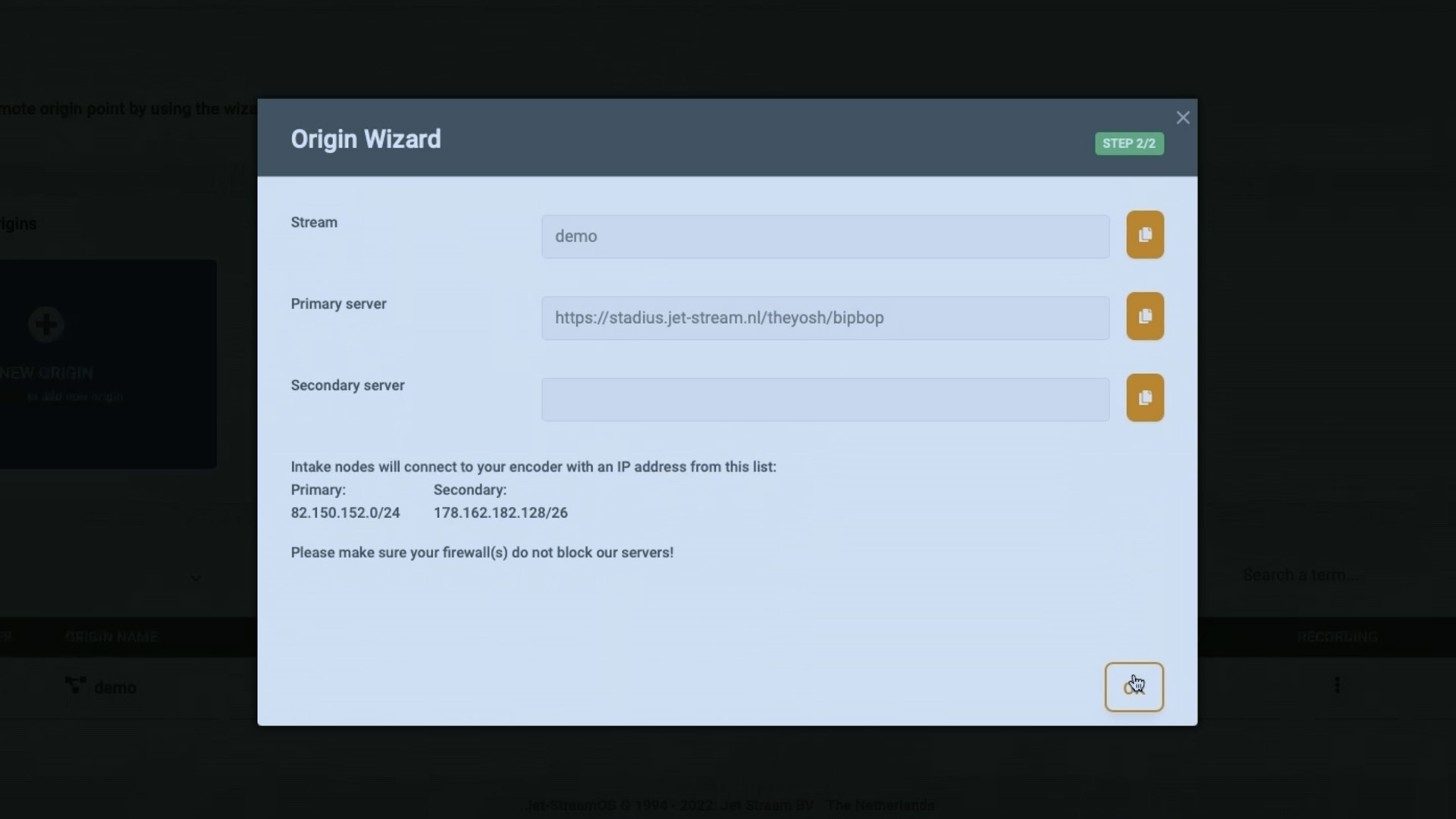 Schermafbeelding van de Origin Wizard van Jet-Stream Cloud voor het koppelen van een externe origin