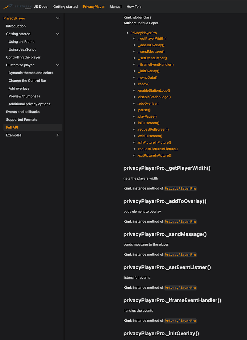 Schermafbeelding van JavaScript-API-code voor ontwikkelaars van Privacy Player Pro