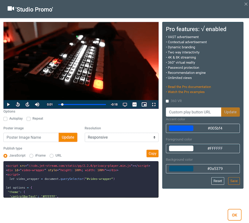 Screenshot van de configuratie van Jet-Stream Privacy Player Pro met videovoorbeeld