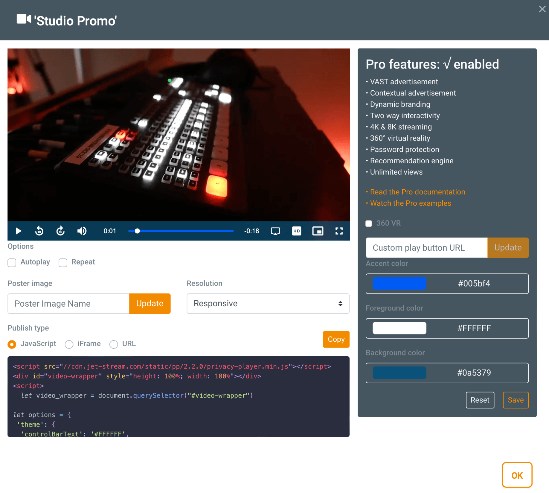 Schermafbeelding van de brandinginstellingen en JavaScript-embedcode van Privacy Player Pro