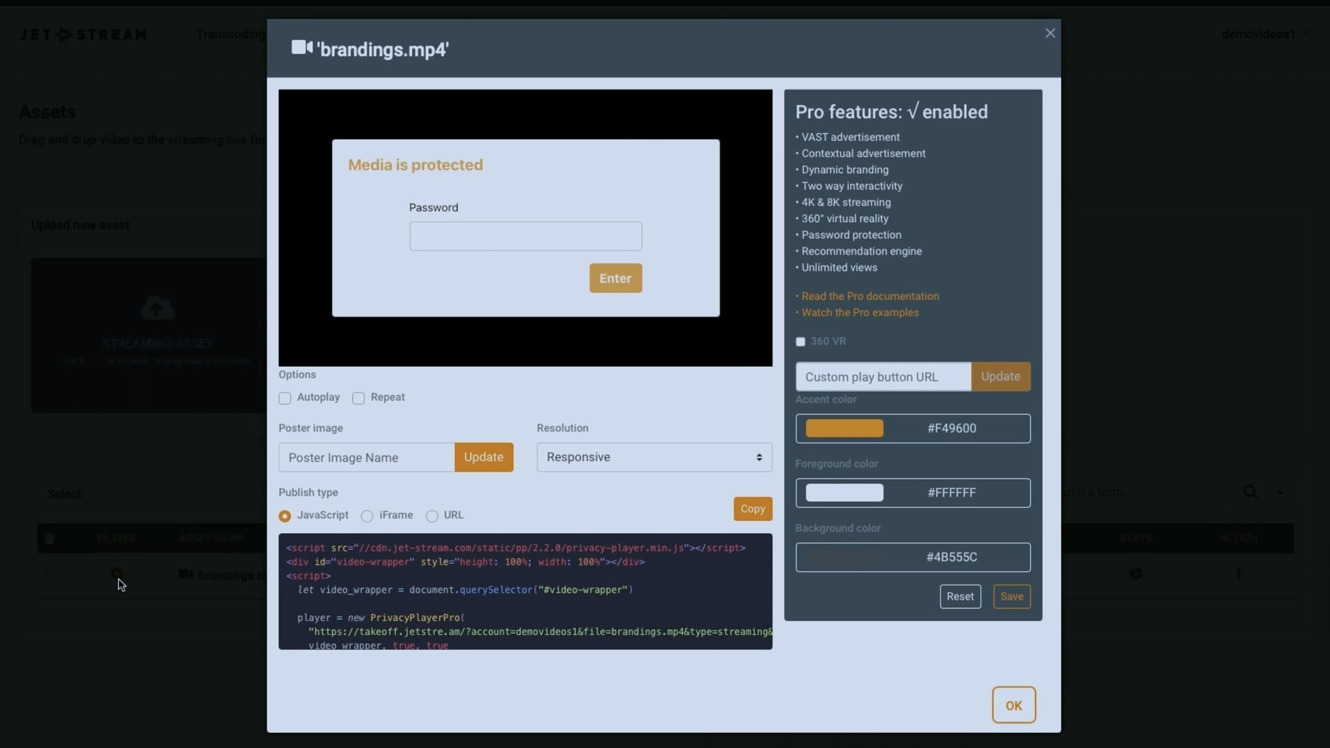 Schermafbeelding van wachtwoordbeveiliging en beveiligingsinstellingen voor een video in Jet-Stream Cloud