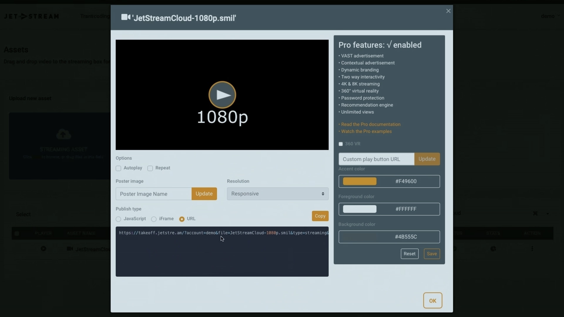 Schermafbeelding van het gebruik van een eigen videoplayer met een 1080p-video in Jet-Stream Cloud