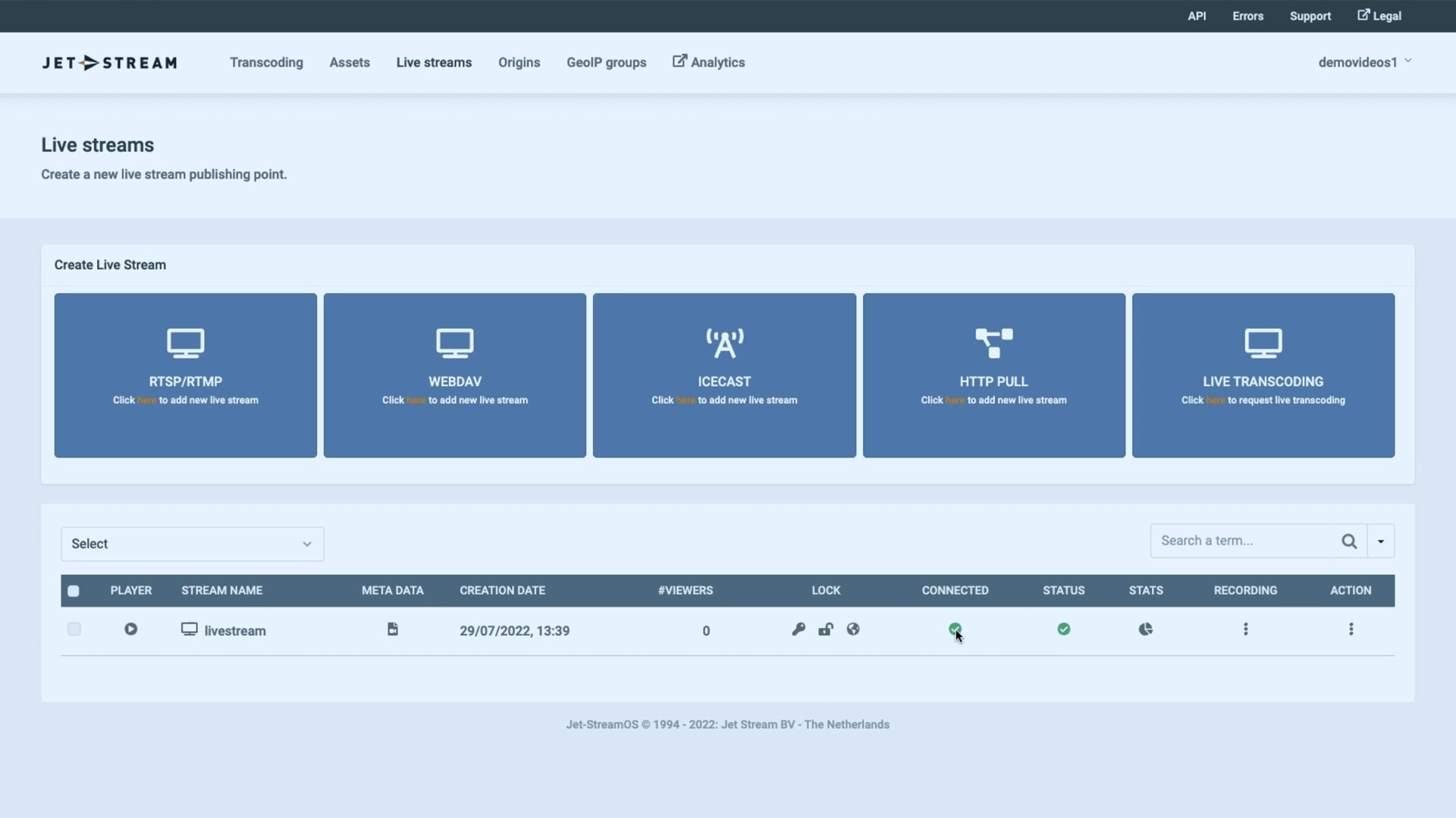 Schermafbeelding van het video-CMS van Jet-Stream Cloud met een overzicht van livestreams