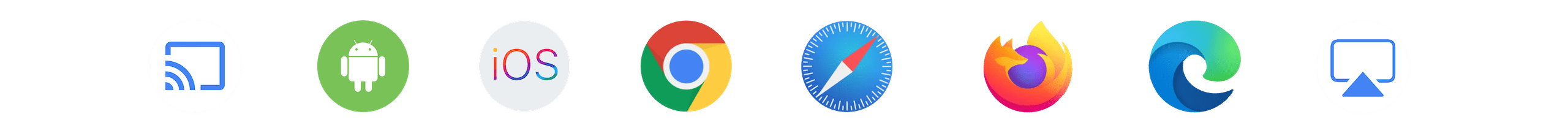 Iconen van ondersteunde browsers en platforms: Chromecast, Android, iOS, Chrome, Safari, Firefox, Edge