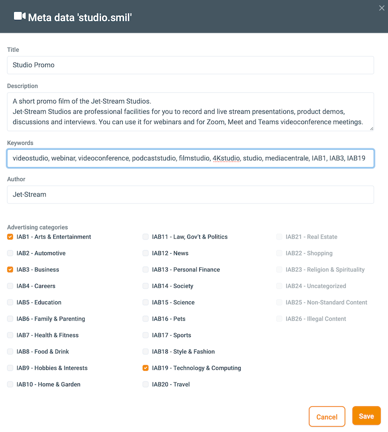 Screenshot van de instellingen voor contextuele videoadvertenties in Jet-Stream, met categorieselectie