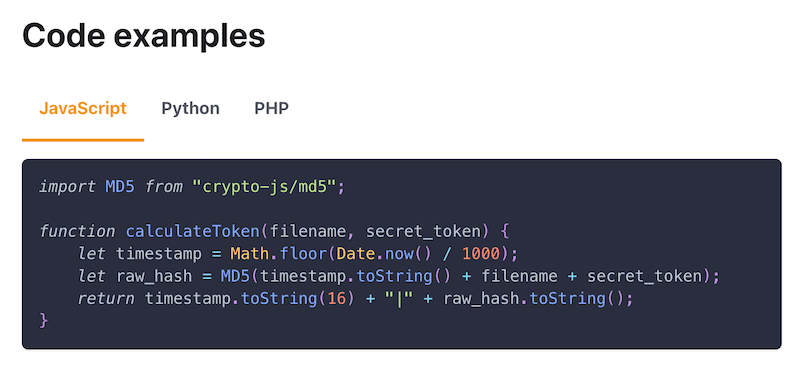 Codevoorbeelden in JavaScript, Python en PHP voor het genereren van ondertekende stream-URL's