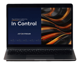 Laptop met de omslag van de In Control-brochure van Jet-Stream