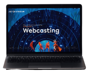 Laptop met de omslag van de brochure webcasting van Jet-Stream