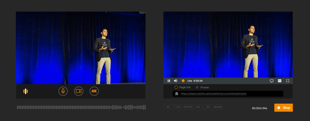 Jet-Stream OnAir-interface met twee camerabeelden van een spreker op het podium: een evenement live streamen in 2 stappen