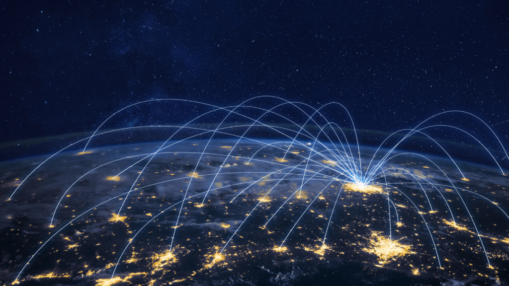Earth at night with light arcs connecting cities, local streaming