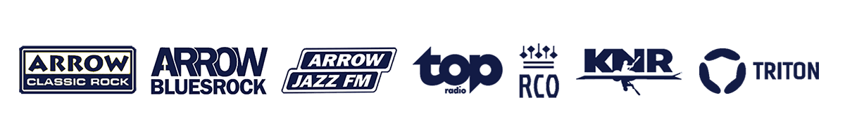 Logo's van radiostations die met Jet-Stream streamen, waaronder Arrow, Top Radio, RCO, KINK en Triton