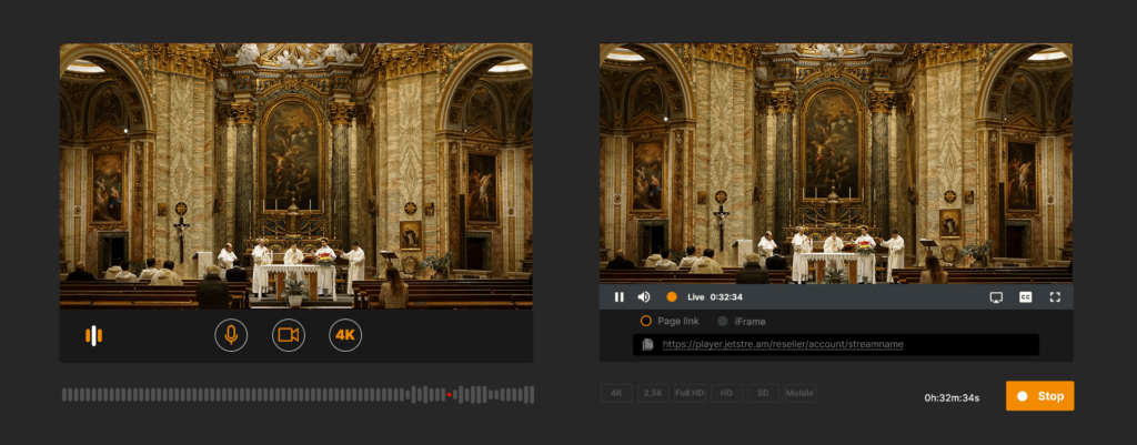 Schermafbeelding van OnAir die een kerkdienst live streamt