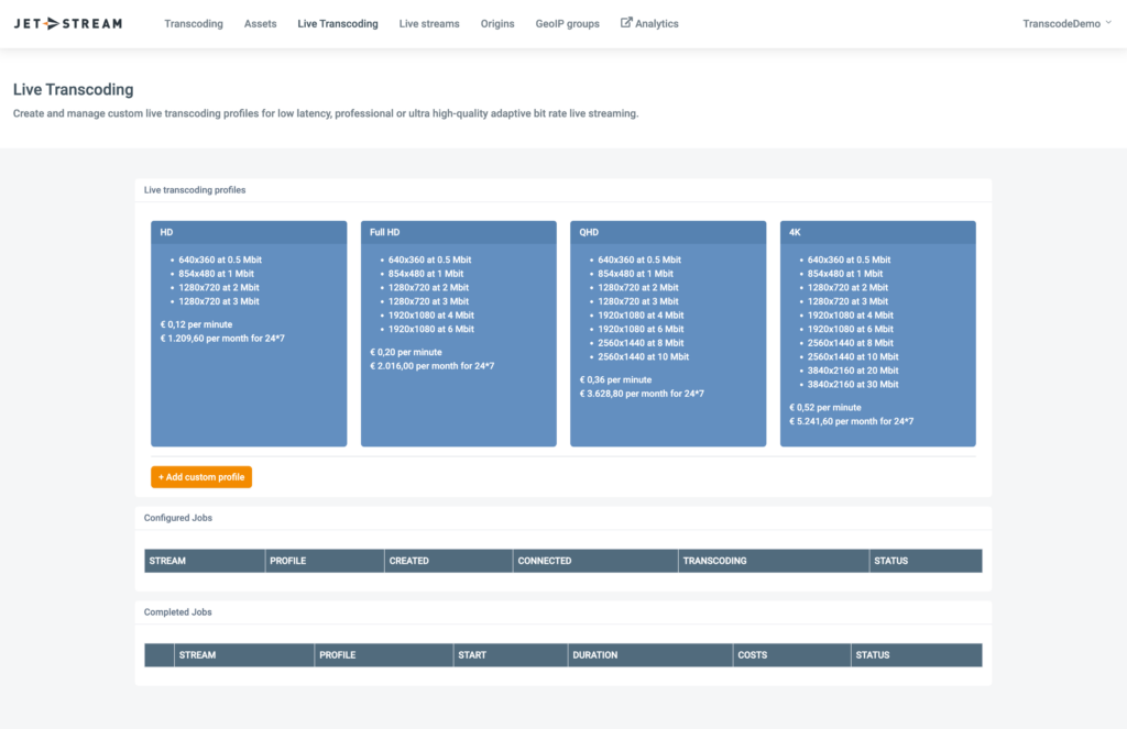 Screenshot of the Jet-Stream Cloud live transcoding page with transcoding profiles