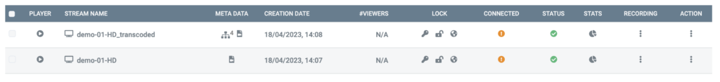 Screenshot of the live streams list in Jet-Stream Cloud showing stream status and settings