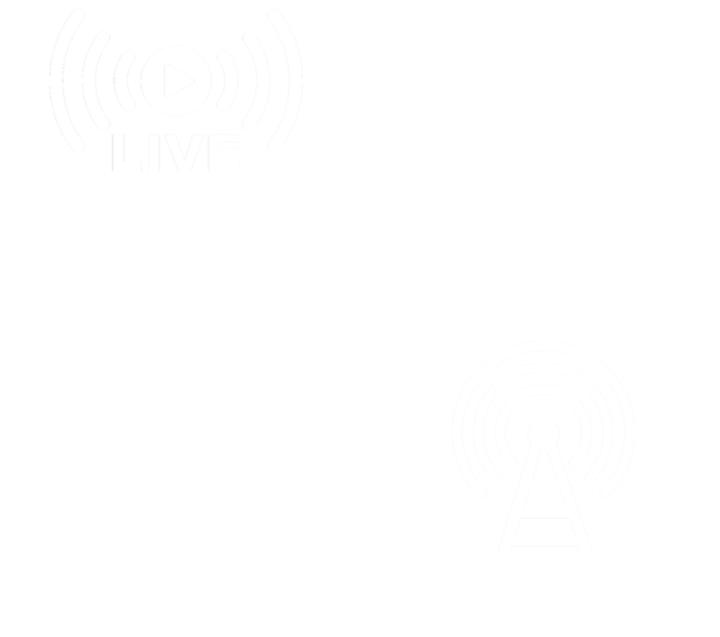 Icons for live streaming, video, podcasts and web radio in one unified media platform