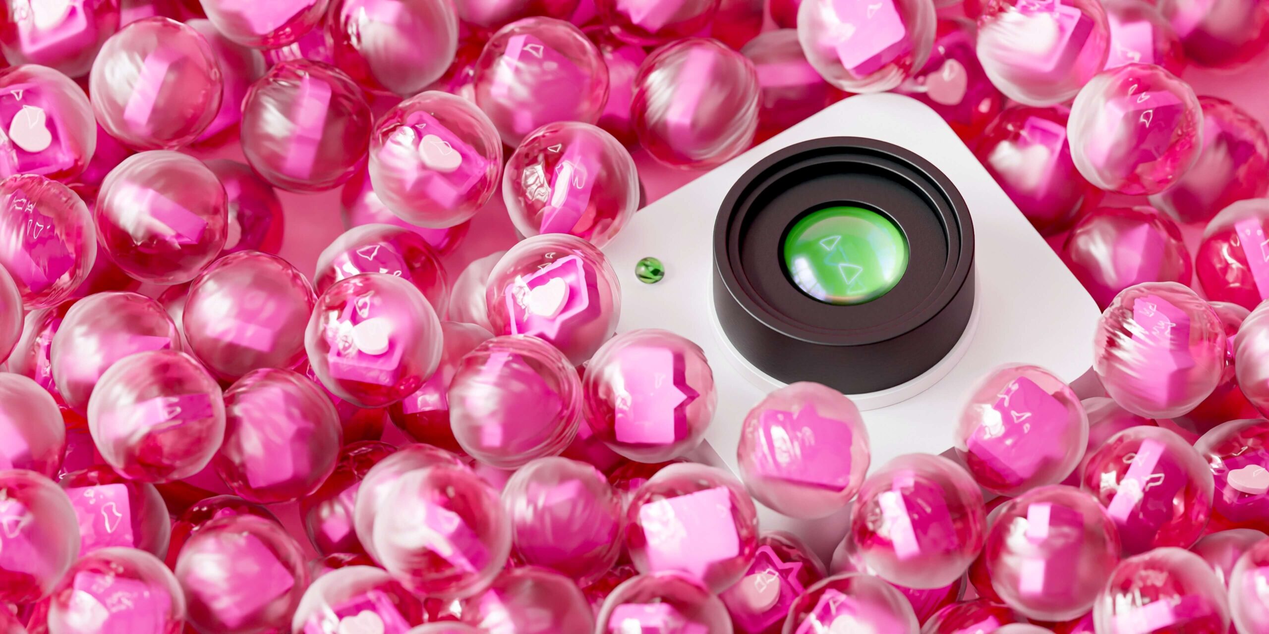 Cameralens tussen roze bollen, video voor marketing