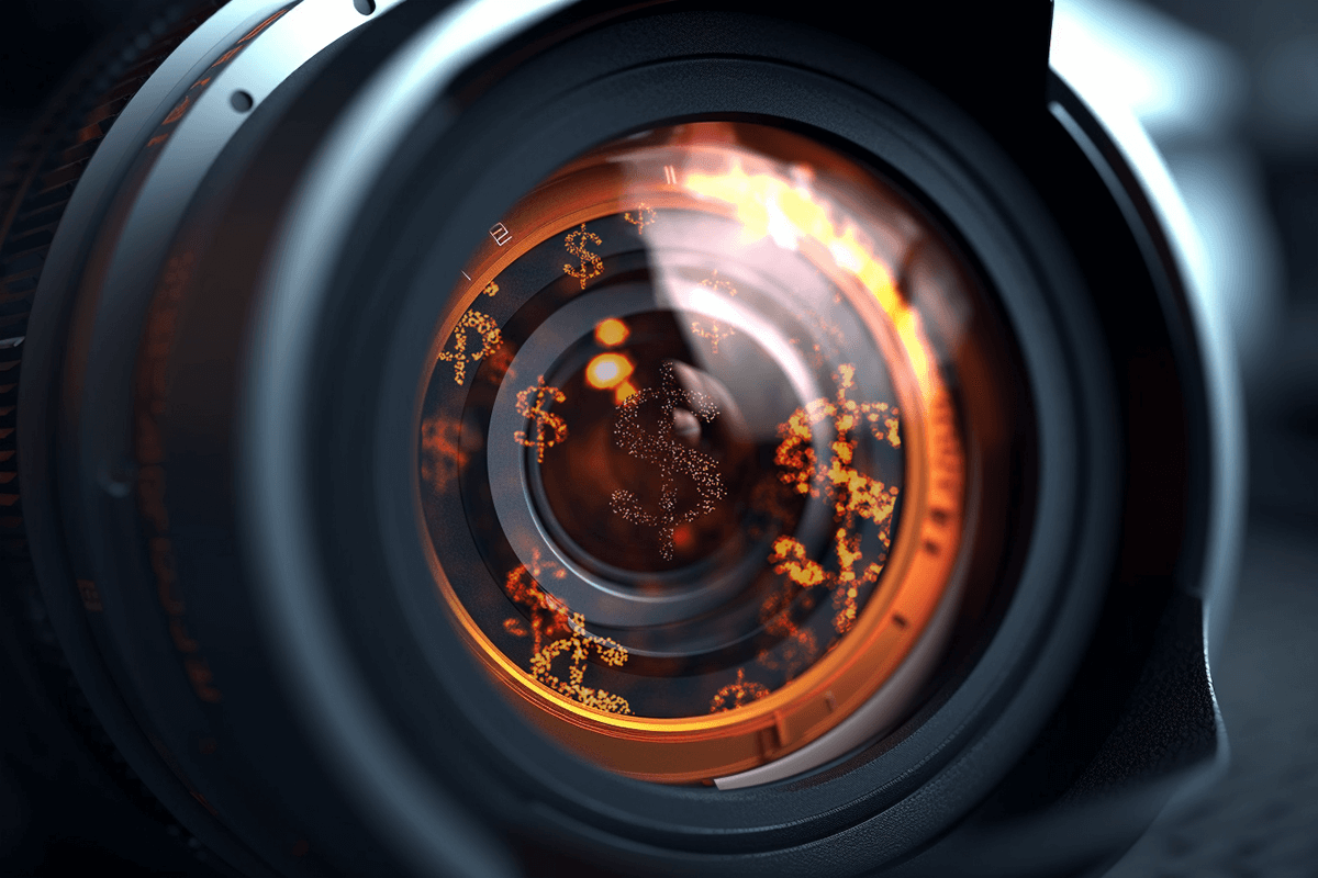 Close-up van een cameralens, als illustratie van monetisatie van media