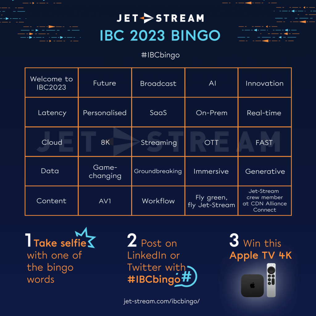IBC 2023 Bingo card with streaming buzzwords and steps to win an Apple TV 4K