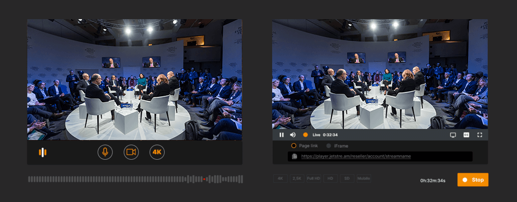 Jet-Stream OnAir with two camera views of a parliament session, one-click broadcasting for government