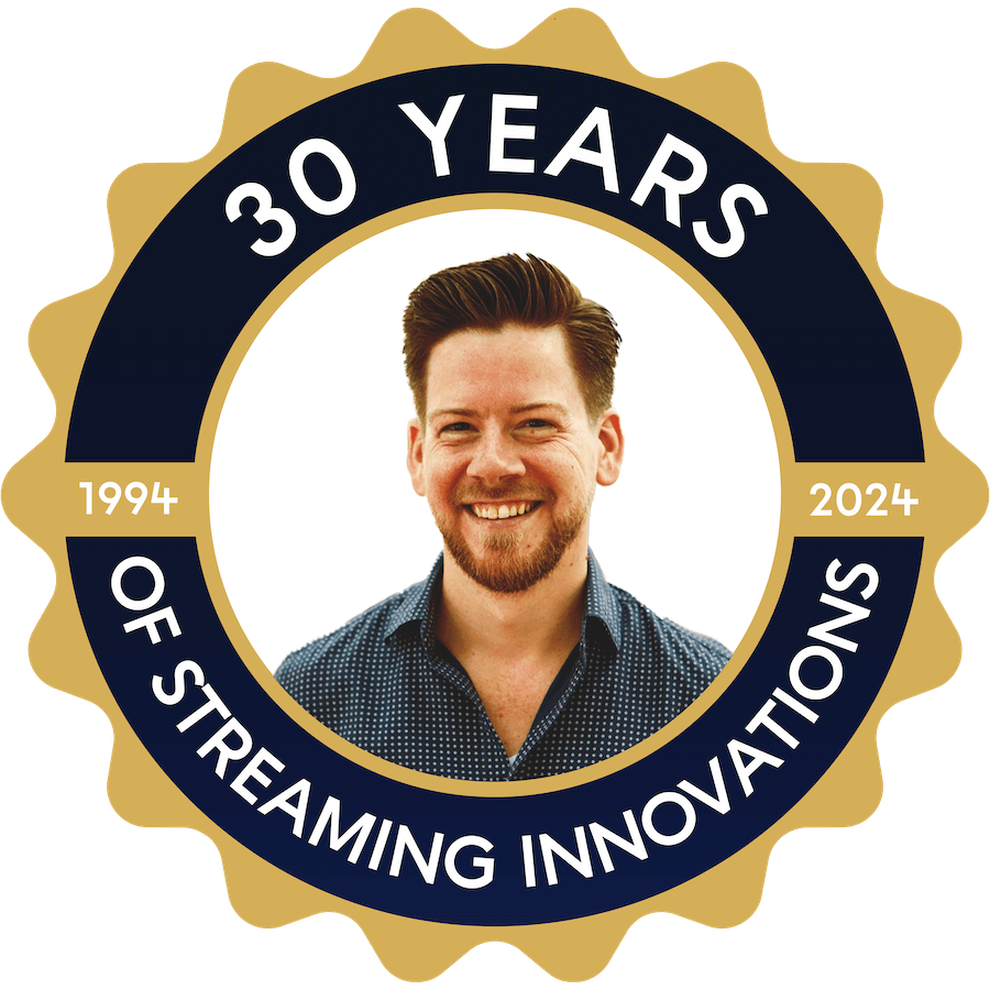 Frans Olsthoorn van Scriptix op een badge van 30 Years of Streaming Innovations