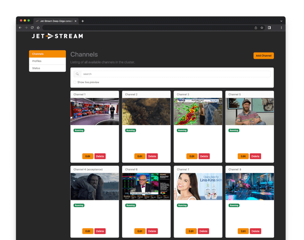 Screenshot of MaelStrom OTT channels overview with live previews
