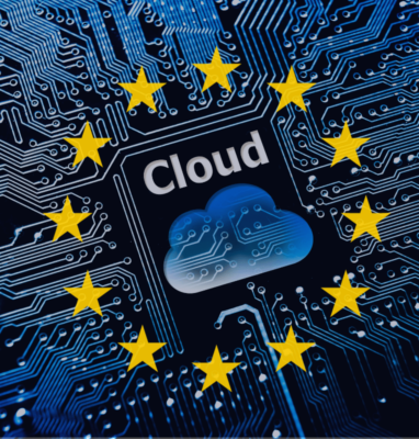 Cloud on a circuit board surrounded by EU stars, European cloud