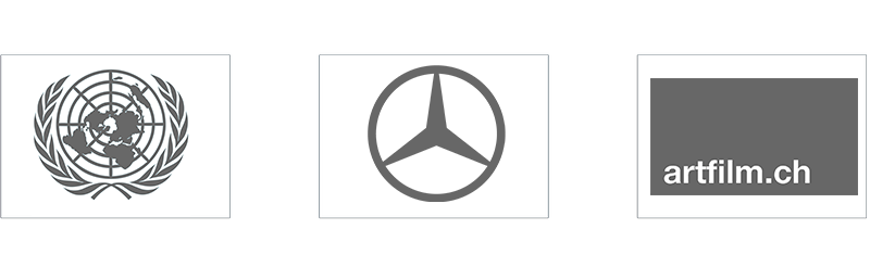 Customer logos including United Nations, Mercedes-Benz, artfilm.ch, Deutsche Bahn, HBO, European Commission, Eurovision and KLM