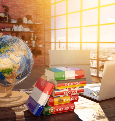 Globe and books with flags of several languages, multi-language live streaming for WHO