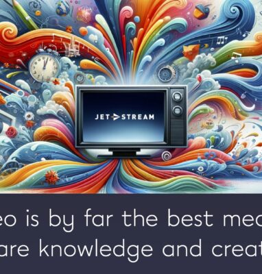 Colourful illustration of a TV with the Jet-Stream logo: video is by far the best medium to share knowledge