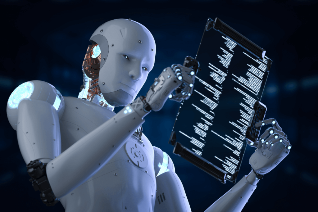 Robot die een document leest, als illustratie van AI-ondertiteling