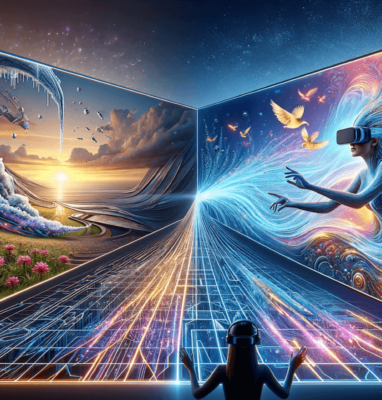 Person with VR headset in an immersive scene, AI video upscaling and immersion