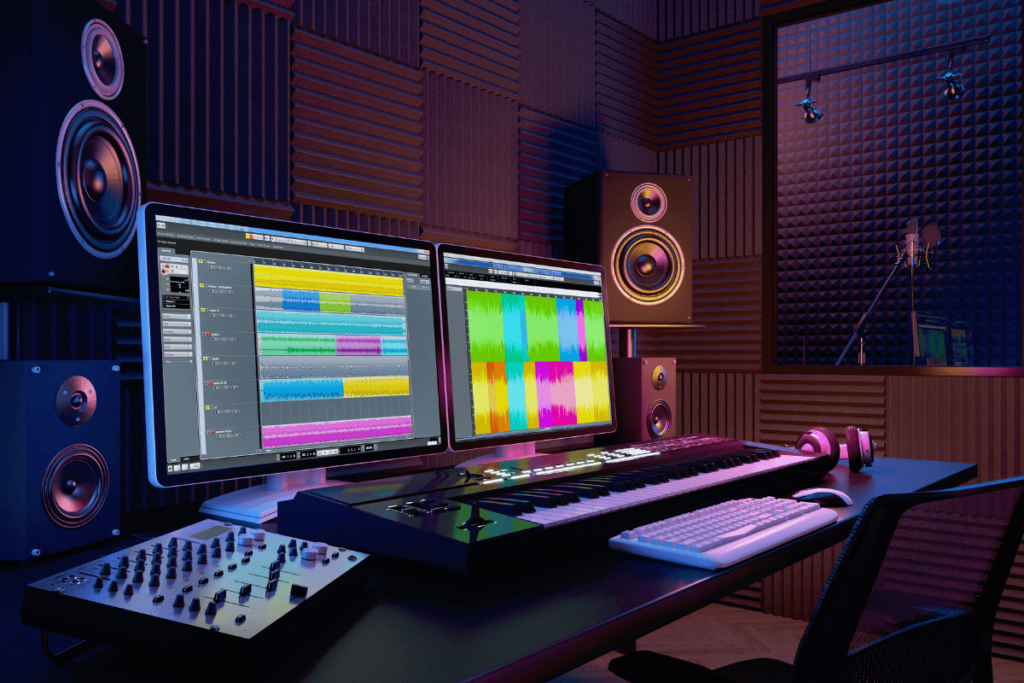 Audiostudio met monitoren, als illustratie van meertalig streamen met meerdere audiotracks