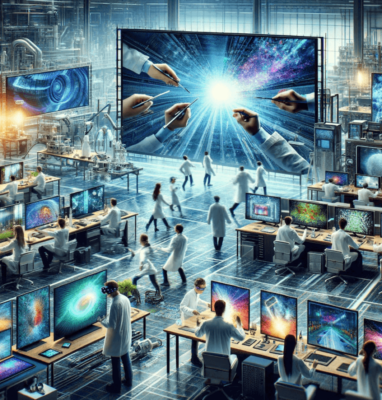 Futuristic media lab with screens, cover for AI-generated context for video advertising