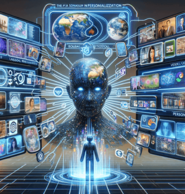 AI figure surrounded by personalised video thumbnails, cover for AI-driven video personalization