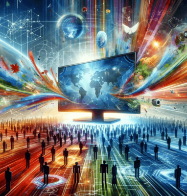 Colourful illustration of crowds around a giant screen, symbolising the magic of video