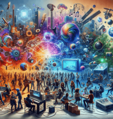 Colourful illustration of people, music and technology around streaming