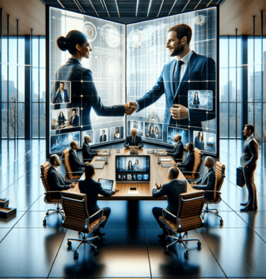 Business people shaking hands in a room of screens, ensuring content authenticity