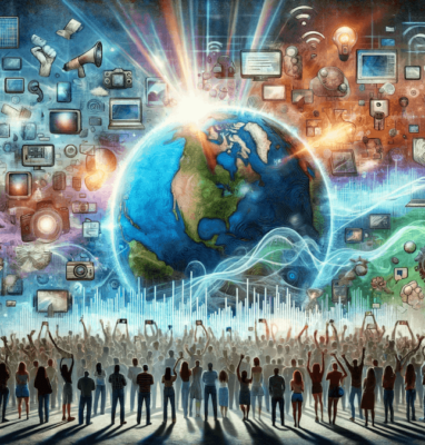 Crowd around a glowing globe of media, cover for democratization of knowledge through streaming