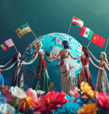 Vrouwen met vlaggen rond een wereldbol, wereldwijd meertalig streamen voor Internationale Vrouwendag