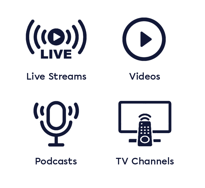 Iconen voor livestreams, video's, podcasts en tv-kanalen die het OTT-videoplatform ondersteunt