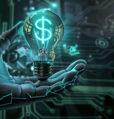 Lightbulb with a dollar sign over a hand, illustrating cost savings with Jet-Stream Cloud
