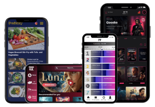 Diverse OTT-apps in eigen huisstijl voor recepten, films en muziek op telefoons