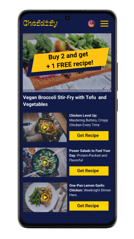 OTT recipe app on a phone showing a Buy 2 and get 1 free discount offer